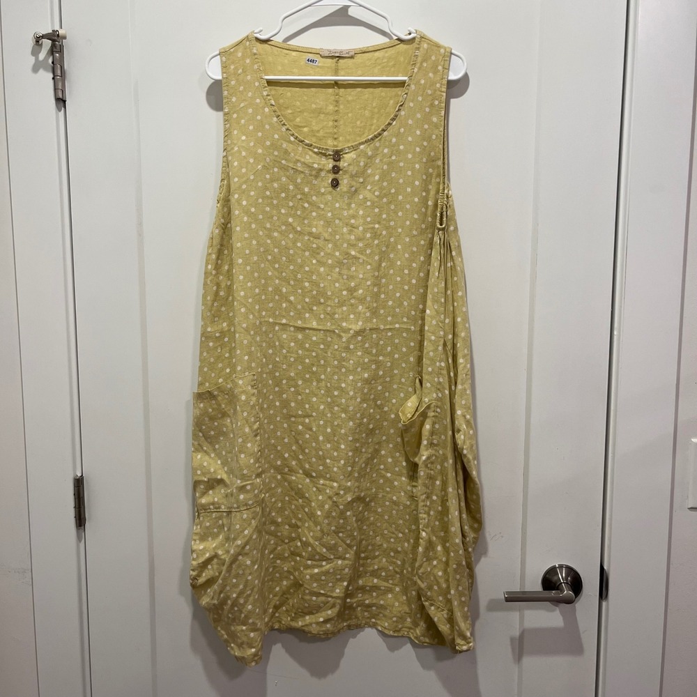 Diverso Made in Italy Yellow Polka Dot Linen Lagenlook Shift Dress One Size TU